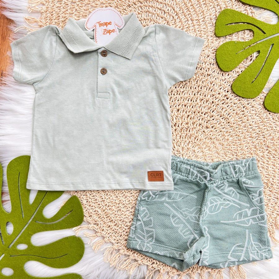 Conj. Camiseta Gola Polo e Bermuda em Linho Folhagem - Verde